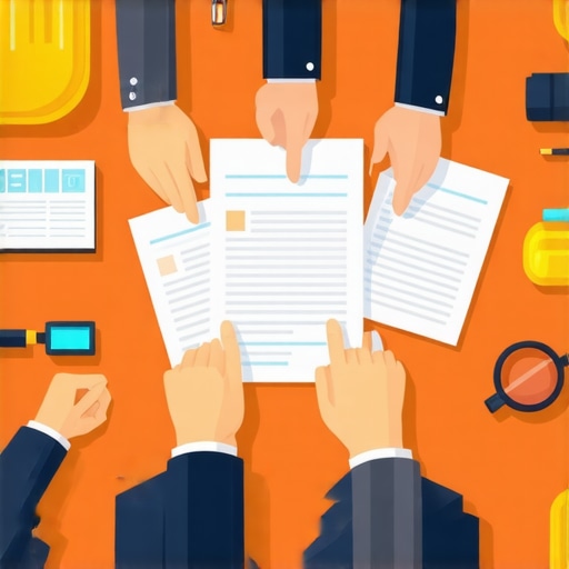 Illustration of permit approval process with professionals and paperwork.