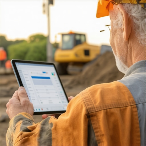 Homeowner analyzing project management app on tablet amidst construction activity.