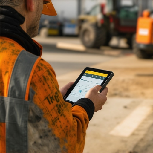 Using Modern Tools for Construction Accuracy A construction professional measuring a building site with a laser device and tablet for planning and documentation.