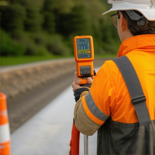 Land surveyor measuring slope angle with digital inclinometer on hillside