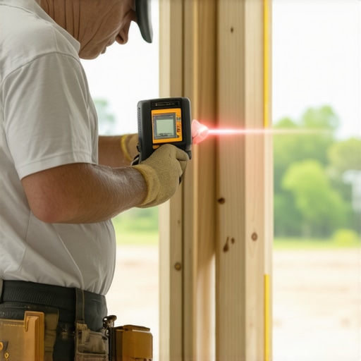 Homeowner measuring wall with laser distance tool during home addition project.