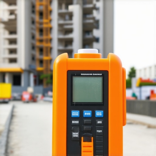 A person holding a laser distance meter measuring the distance between two points on a construction site.
