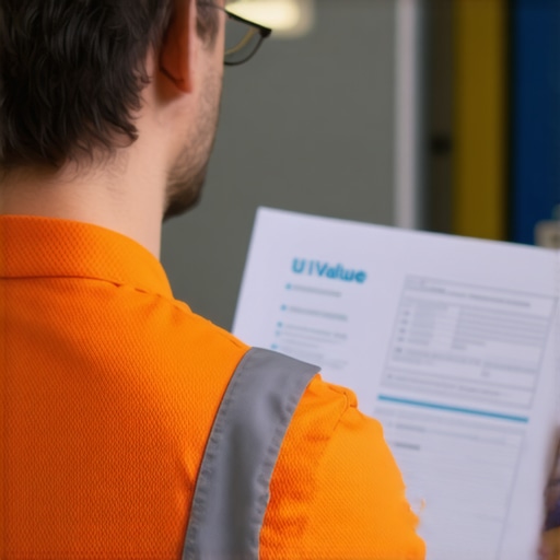 Construction worker checking official window U-value reports