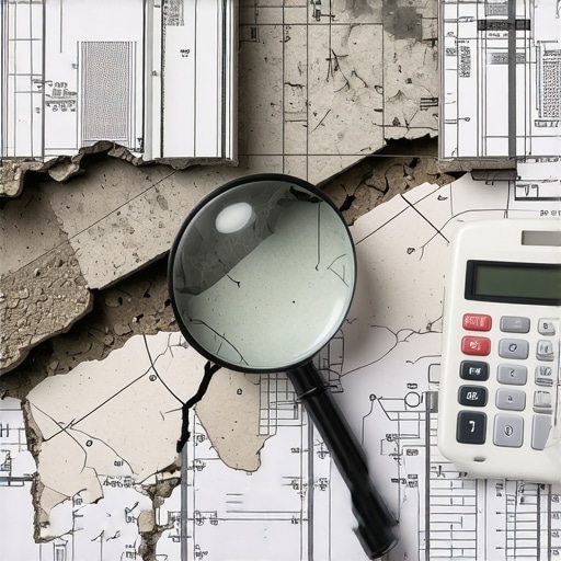 Close up of architectural plans and foundation inspection tools used for estimating home addition costs.