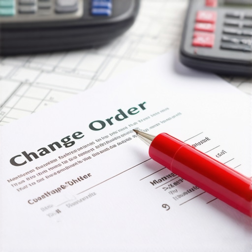 A construction contract highlighting the change order clause with a red pen and blueprints.