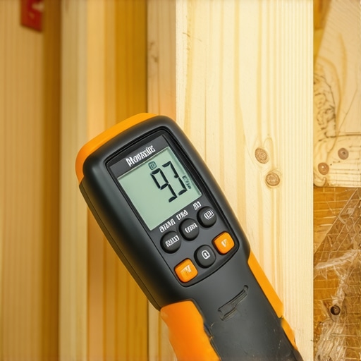 Digital pinless moisture meter measuring the moisture content of framing lumber on a new home addition.