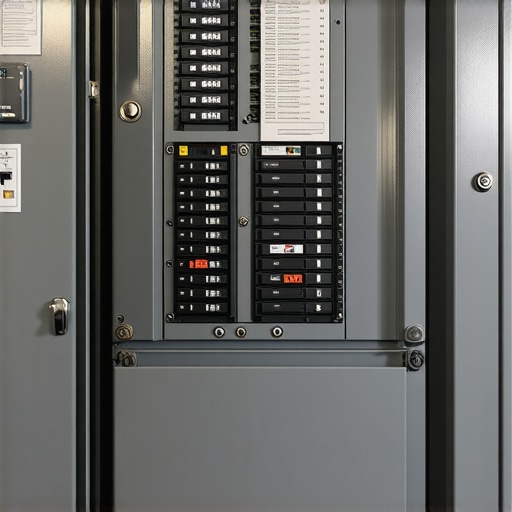 A residential electrical service panel showing breakers and a handwritten circuit schedule for load calculation reference.
