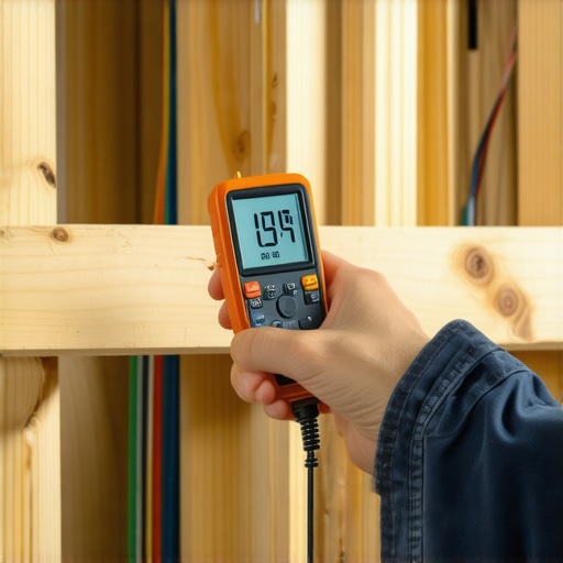 Hand holding a digital moisture meter against framing lumber to verify dryness before drywall installation.