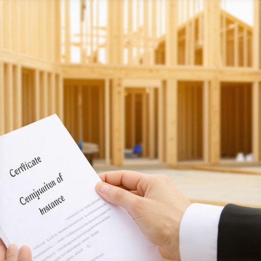 Close up of a Certificate of Insurance document being reviewed on a construction site.